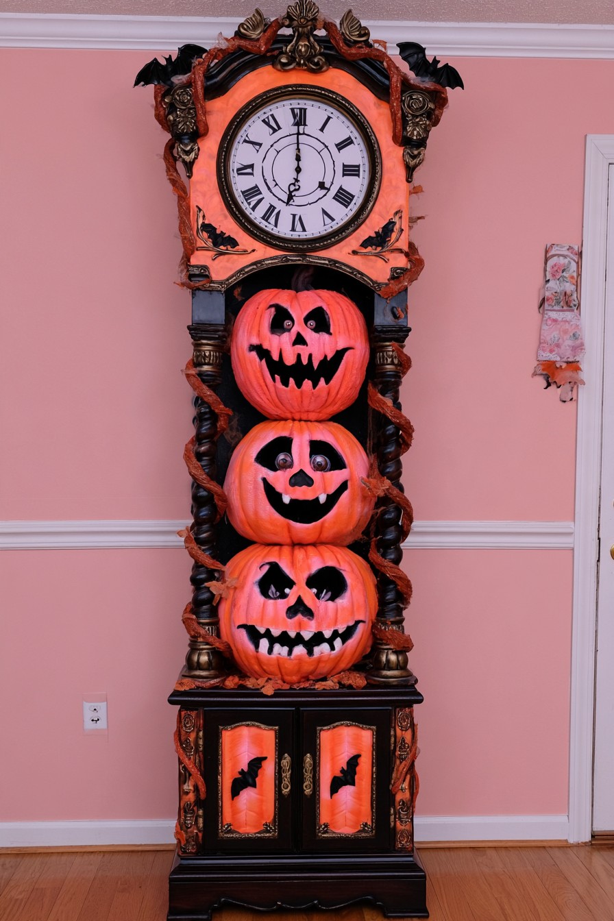 Coral and black decorative clock case displaying three stacked jack-o’-lanterns