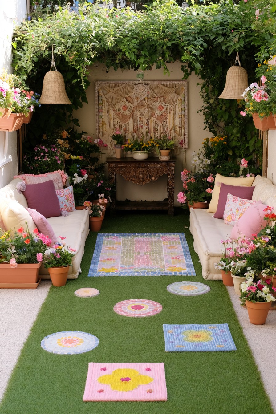 Botanical bohemian outdoor living room with layered macramé details