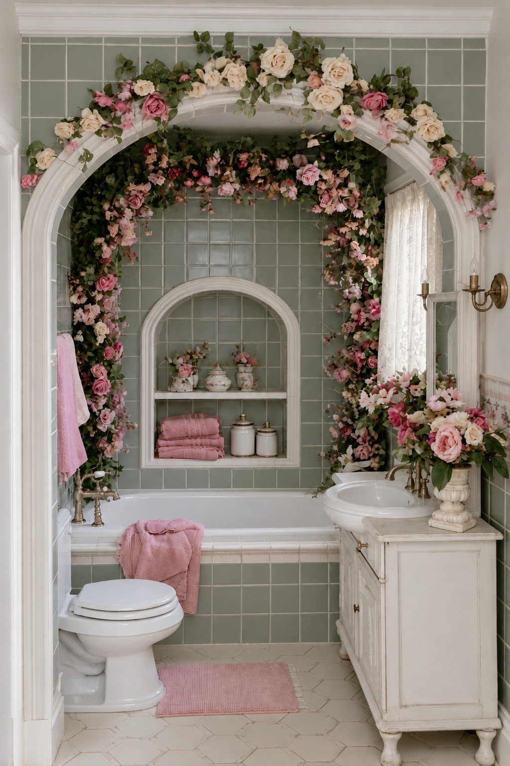 Flower trimmed arch around a sage tiled bathtub alcove with an arched towel niche and white vanity
