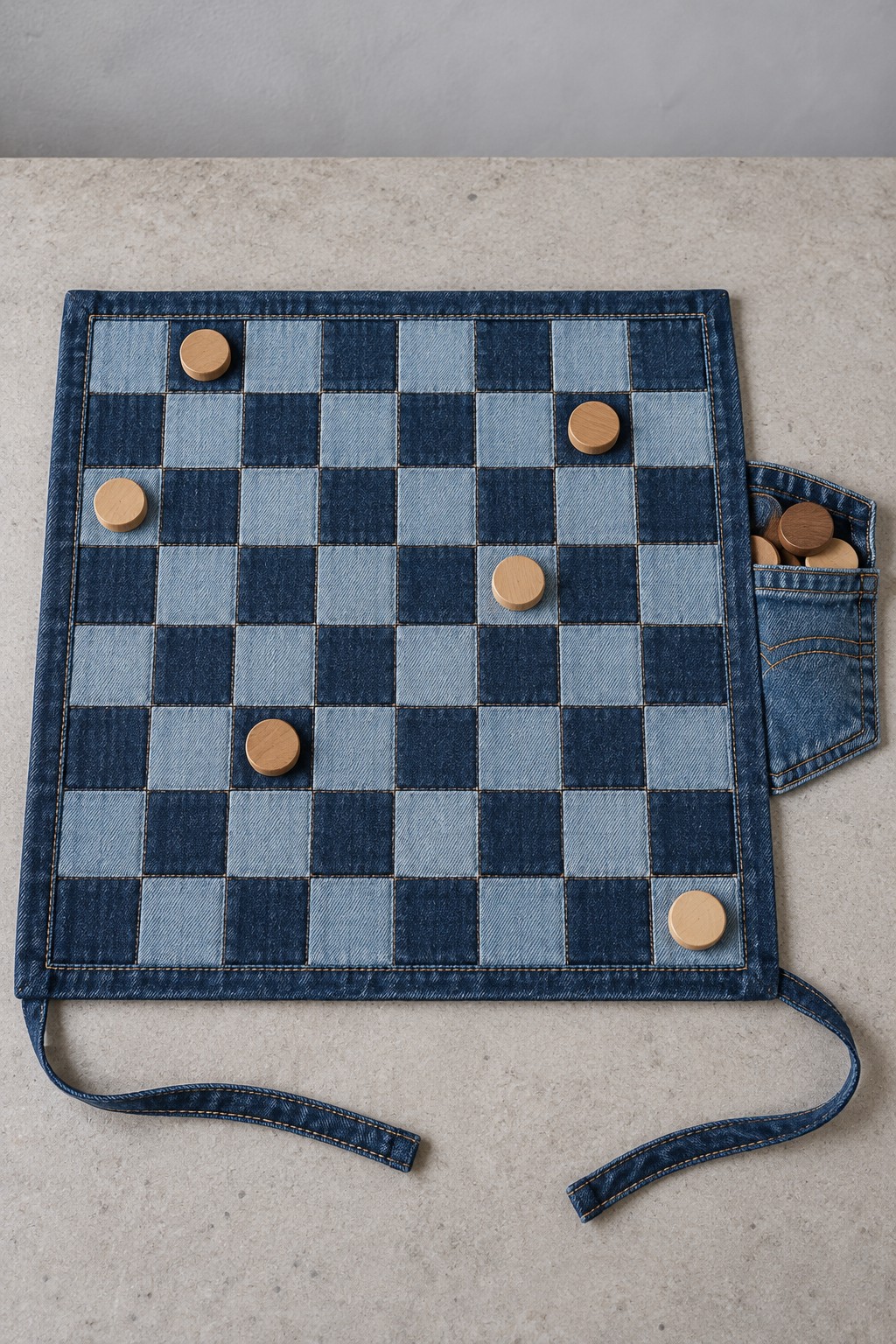 Denim checkerboard with light and dark squares, wooden counters, and a side pocket