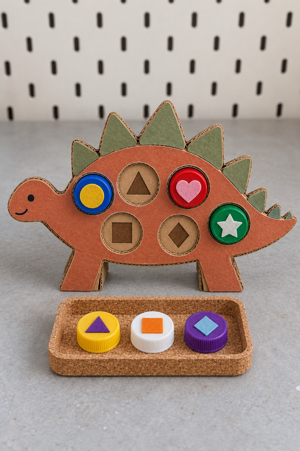 Orange cardboard dinosaur matching board with six circular cap recesses, felt shape symbols, and three loose caps in a cork tray