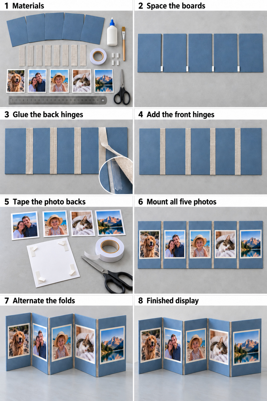 Eight stages of making a five panel blue accordion photo display with eight linen hinge strips four joints and five photo copies