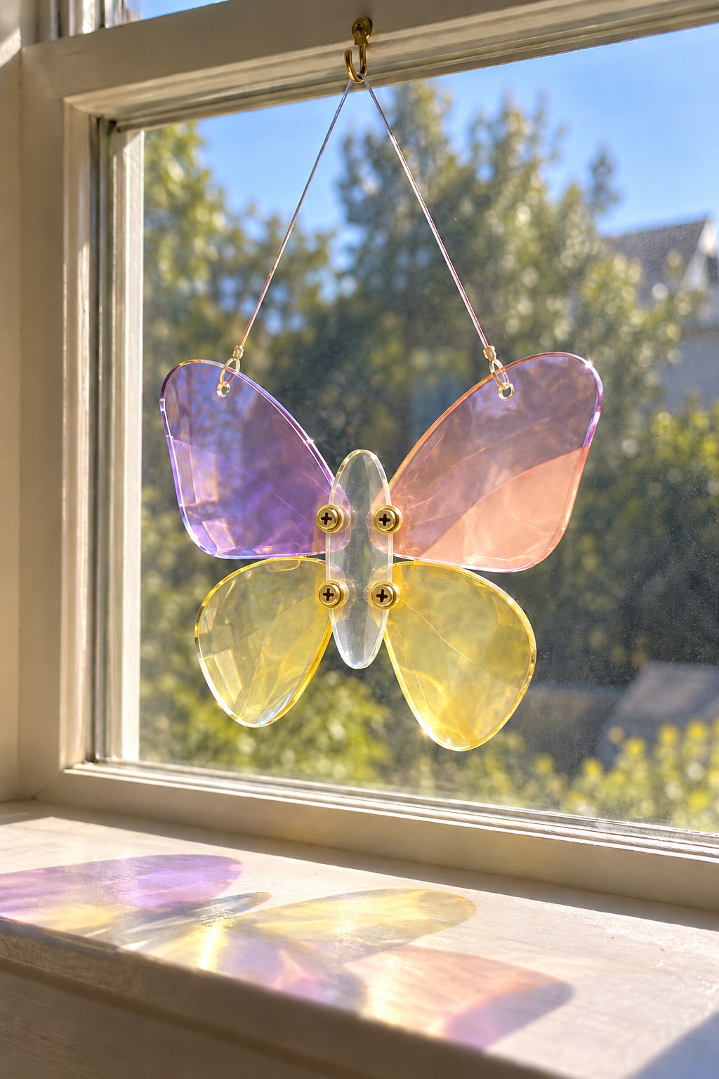Pastel acrylic butterfly hanging at a window and casting colored light onto the sill