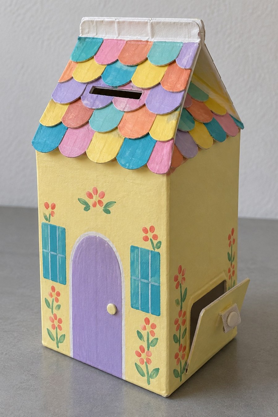 Yellow milk carton savings house with colorful scalloped roof tiles and coin slot