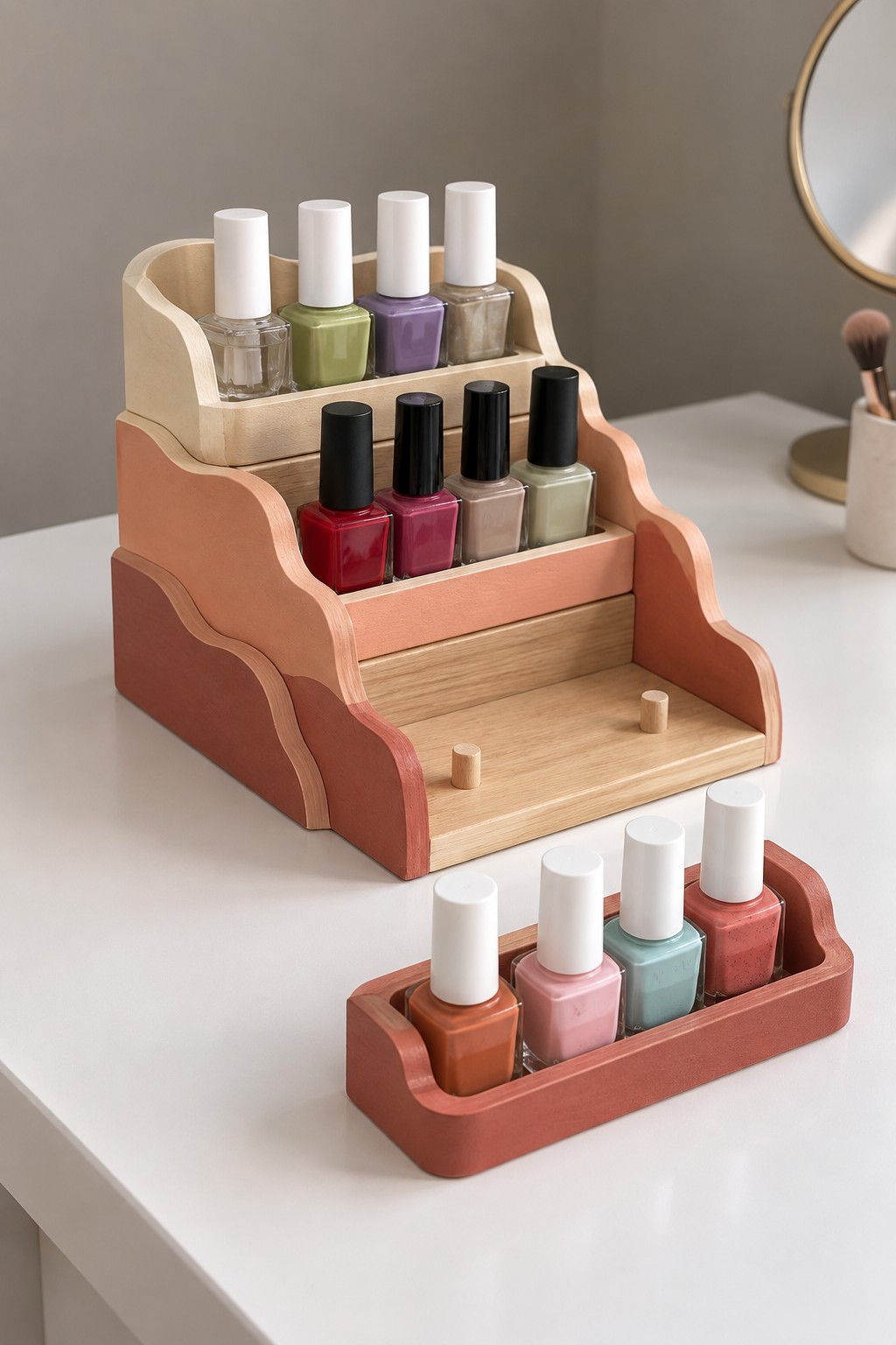 Three level wooden nail polish stand with scalloped side panels and a removable coral front tray