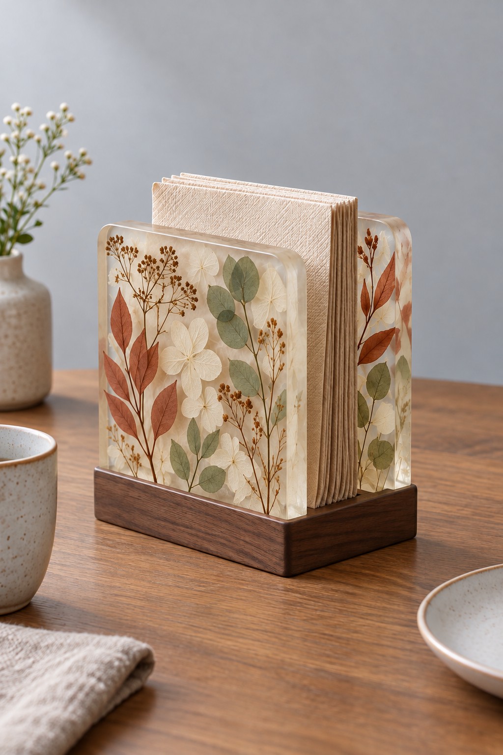 Two clear botanical resin panels with rust colored leaves, sage greenery and cream petals, holding napkins on a wooden base.