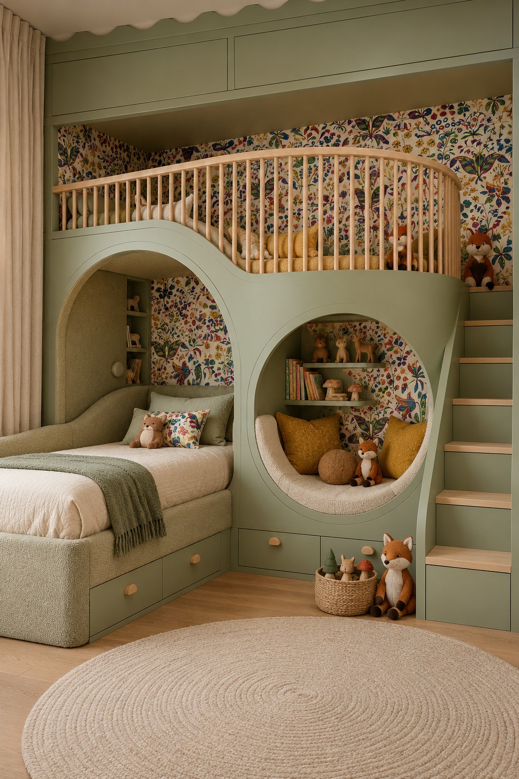Sage raised platform with timber spindle railing over a low bed and round reading nook with mustard cushions