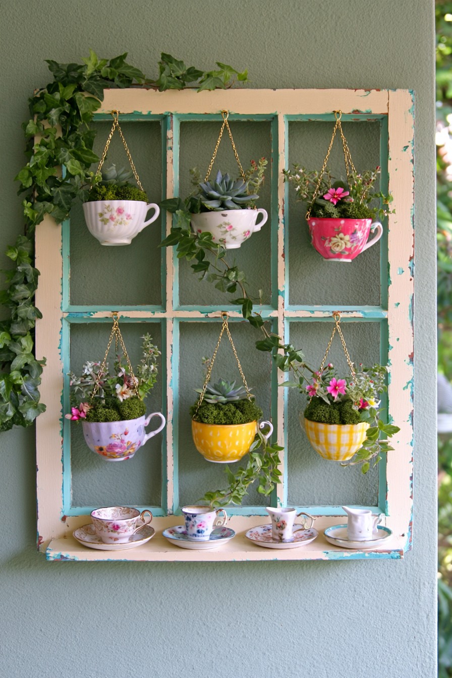 Old window frame displaying hanging vintage teacups with small plants