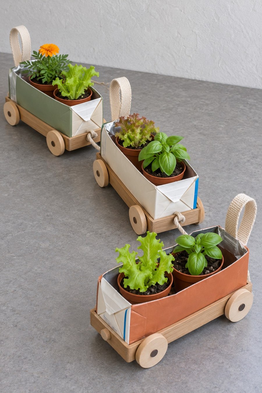 Three small carton planter carriages with wooden wheels and fabric loops
