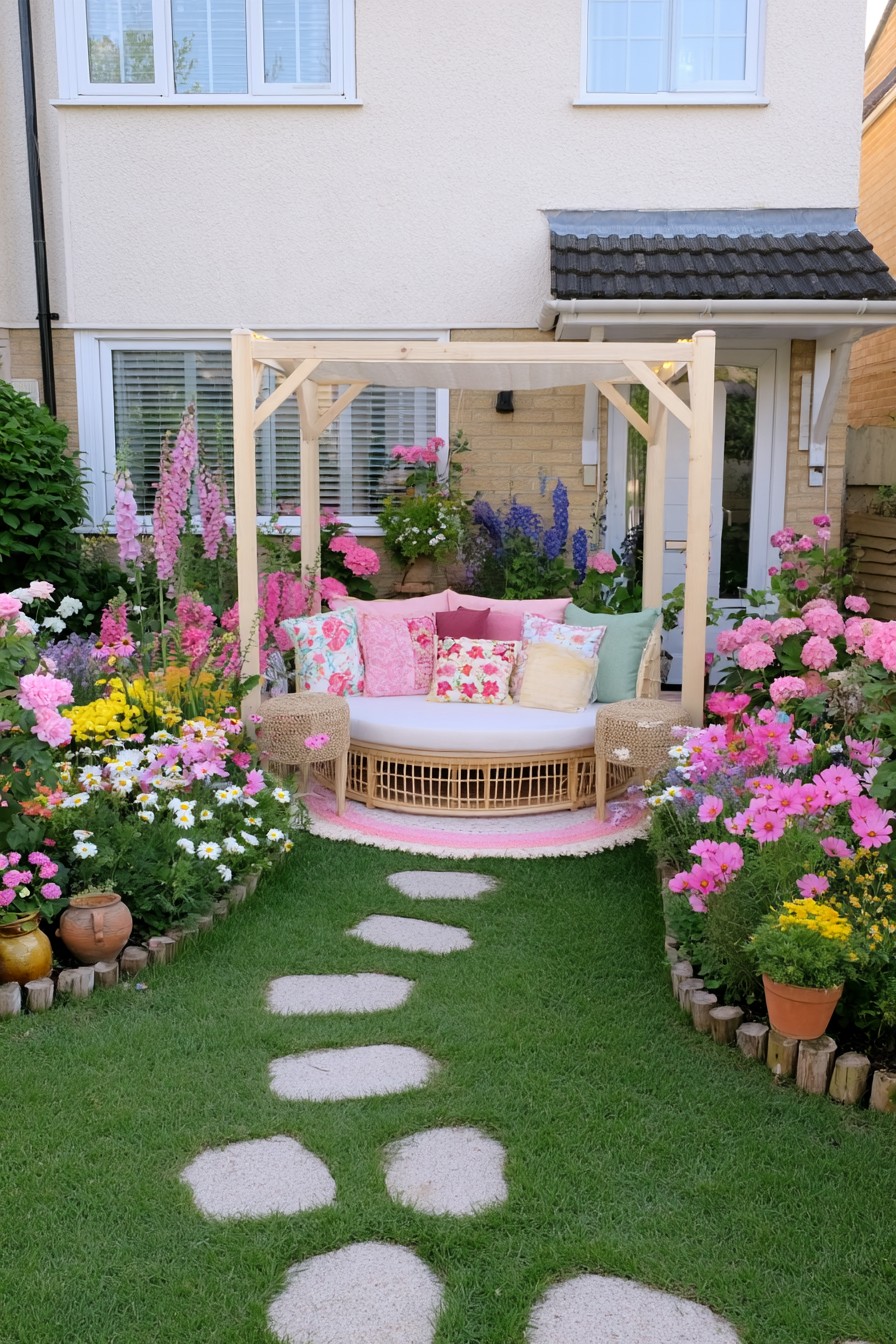 Cottage bohemian front garden with a round daybed and flower-filled borders
