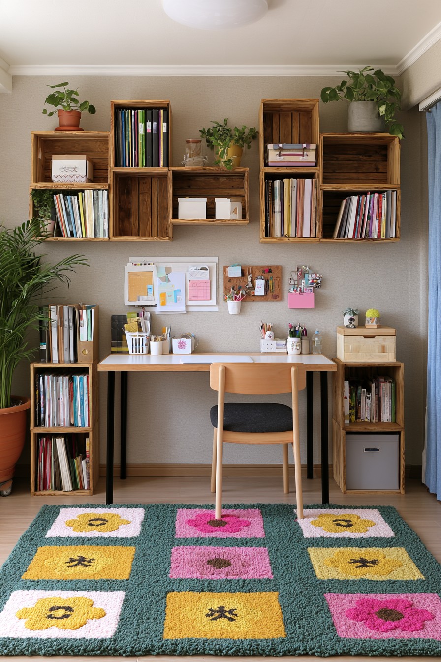 Home office desk with wall mounted wooden crate shelves
