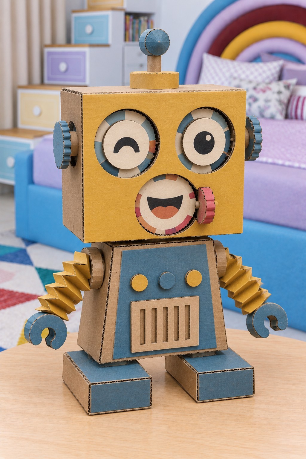 Yellow and blue cardboard robot with circular face discs, folded yellow arms and broad rectangular feet