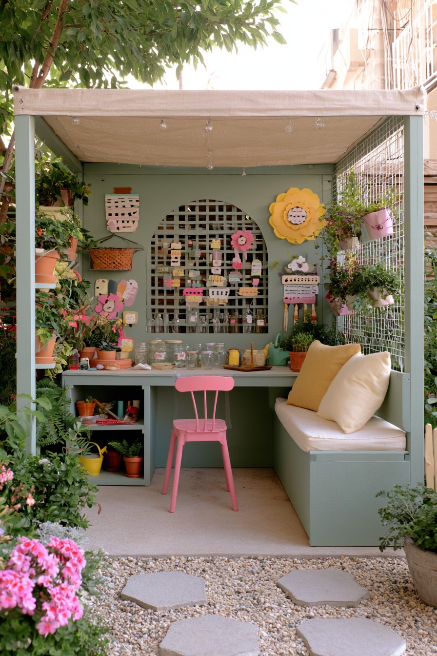 Sage green garden workstation with a pink chair, wall storage, and a side bench