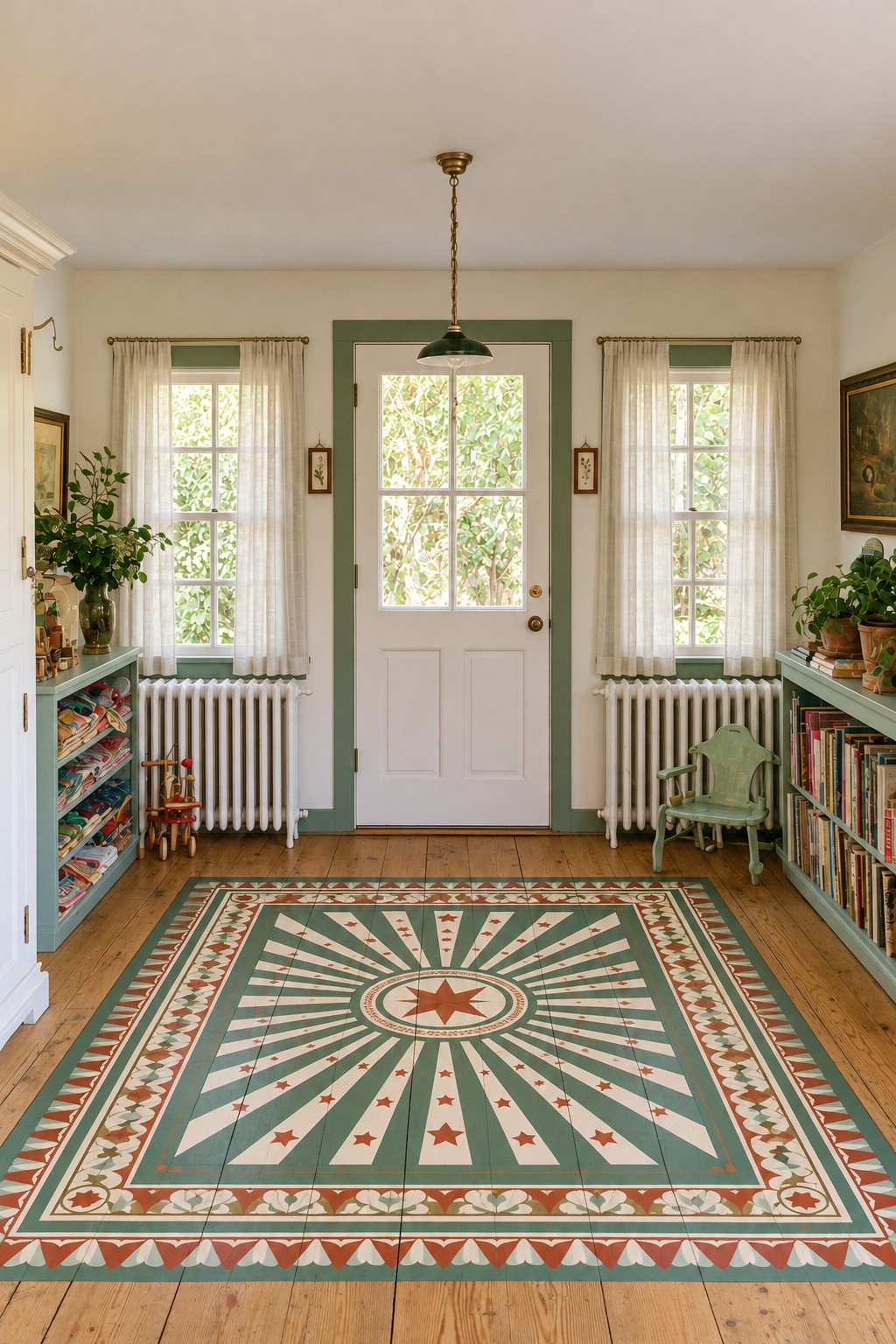 Central star and radiating cream and green bands within a terracotta and botanical painted floor border