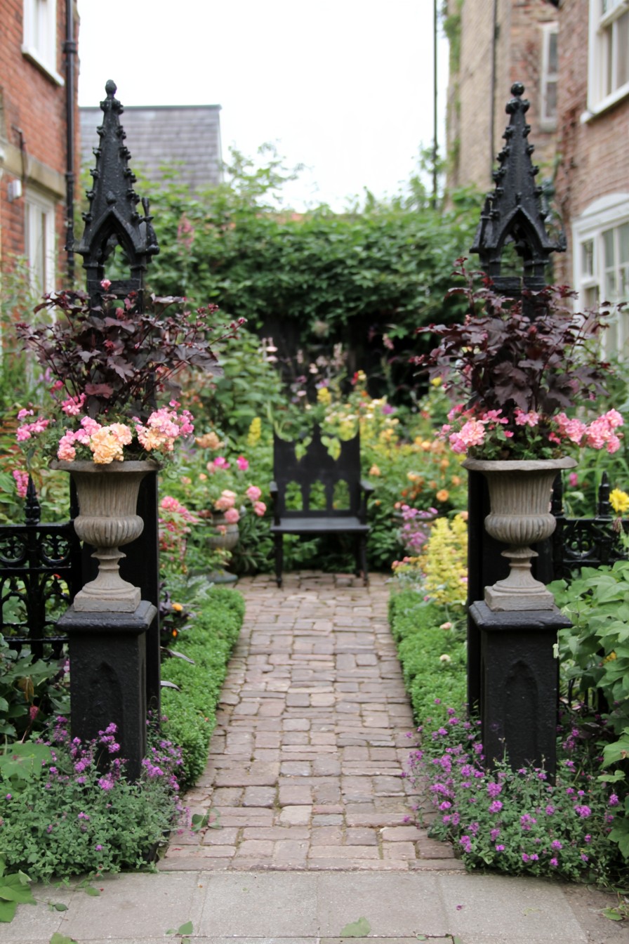 Gothic garden entrance with antique urns and spired ironwork