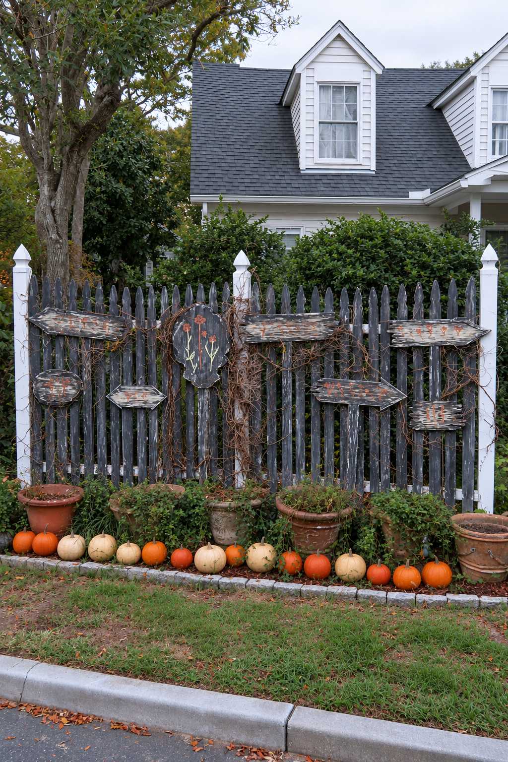 Dark picket fence with distressed arrow and oval plaques, thin vines, planters and a mixed pumpkin border
