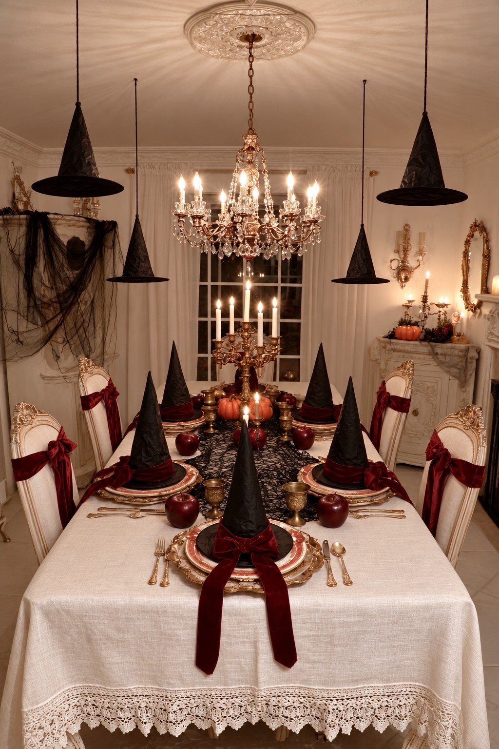 Black witch hats with burgundy ribbons on gold-toned place settings beneath a crystal chandelier