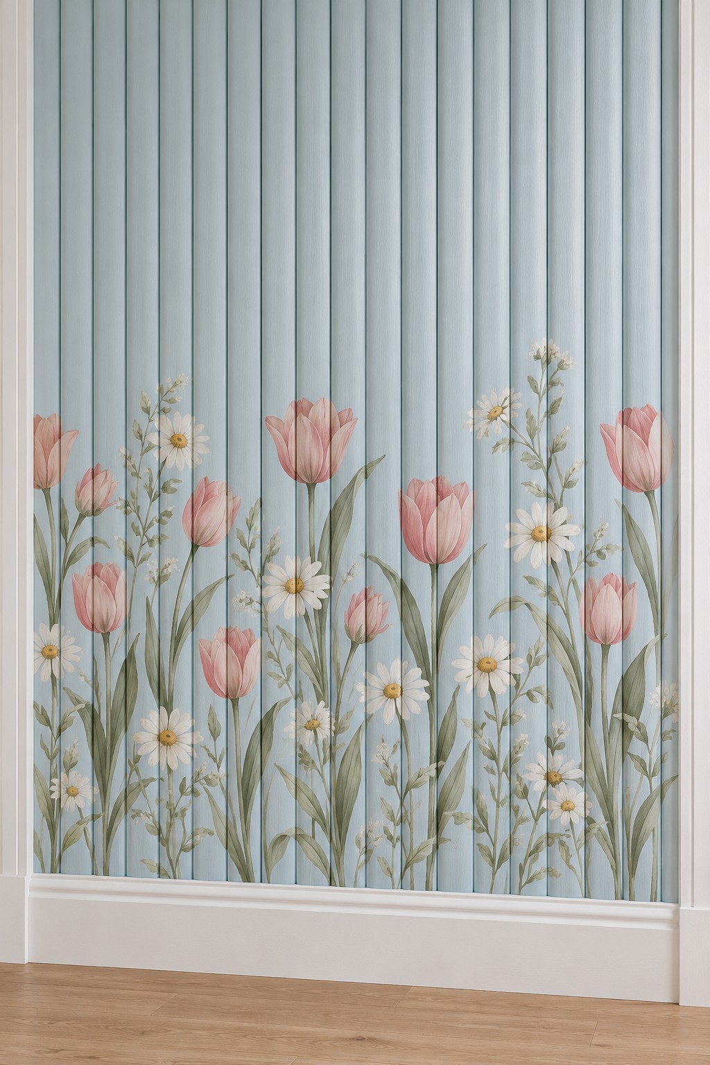 Pink tulips and white daisies painted across the lower part of a powder blue fluted wall