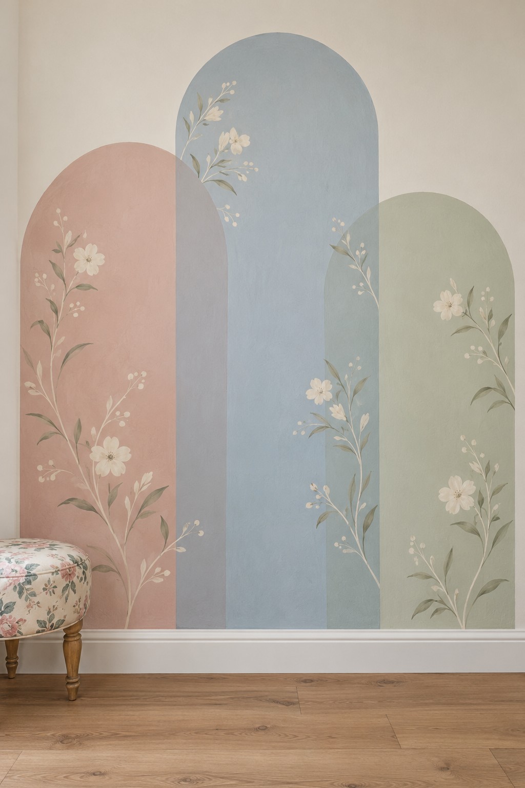 Overlapping dusty pink, blue, and sage painted arches with delicate cream flowering stems
