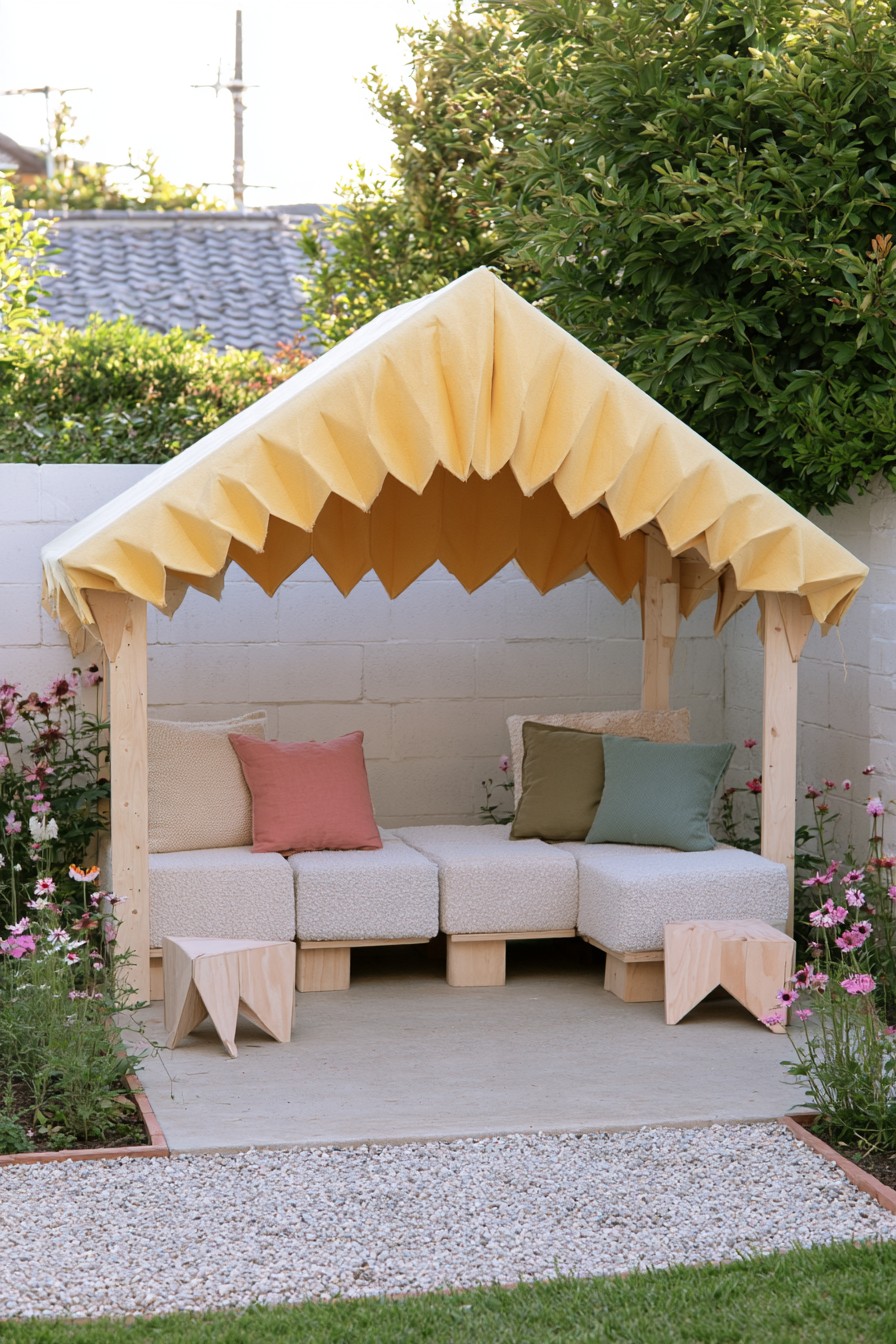 Yellow gabled fabric canopy over cream modular seating and two small wooden tables