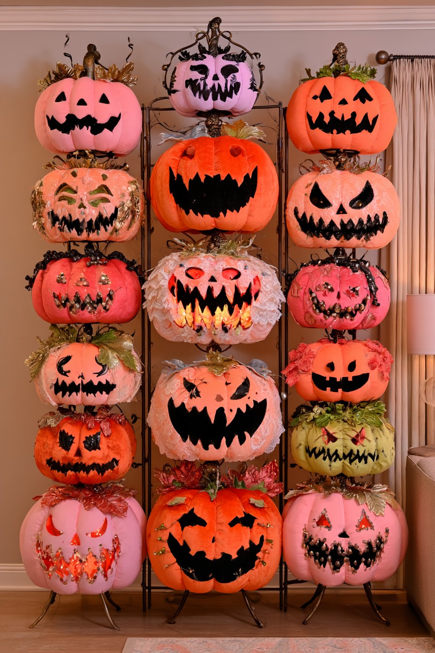 Three tall columns of orange, pink, and pale green jack-o’-lantern characters