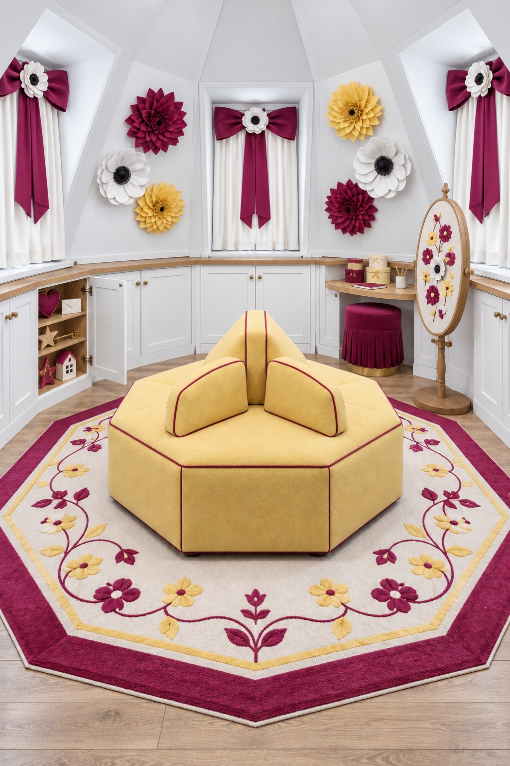Yellow three sided seat on a floral octagonal rug beneath burgundy bows and large fabric flowers