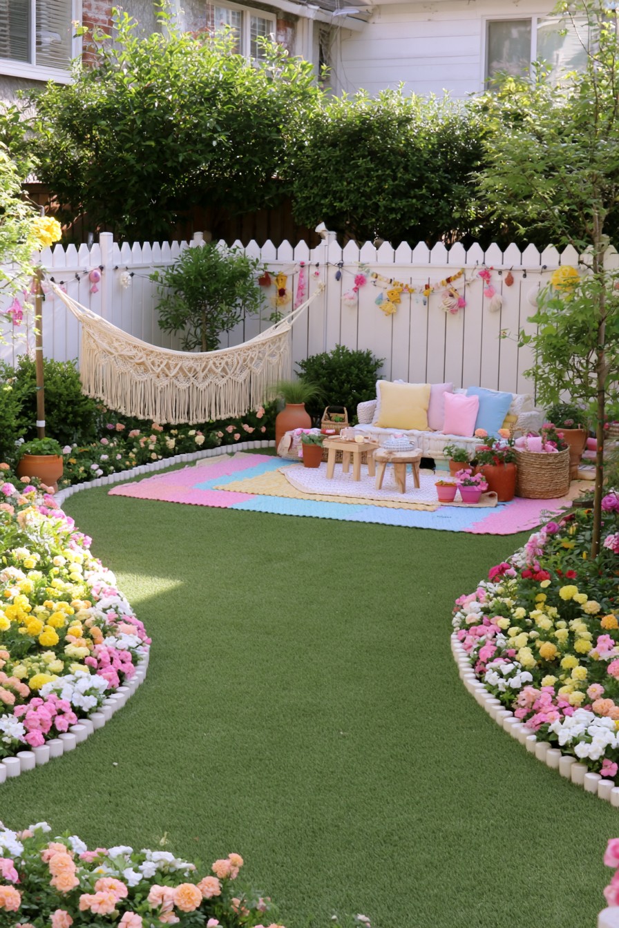 Bohemian garden with a hammock lounge and curved flower borders