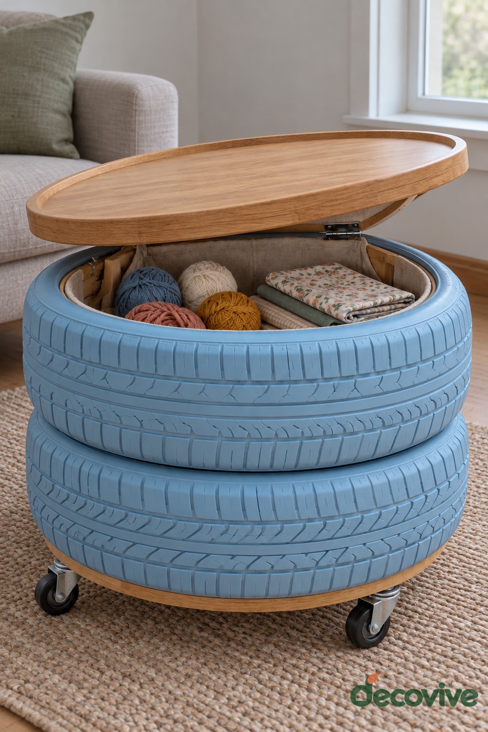Two blue stacked tires on a wooden base with casters and an open round wooden lid revealing yarn and folded fabric