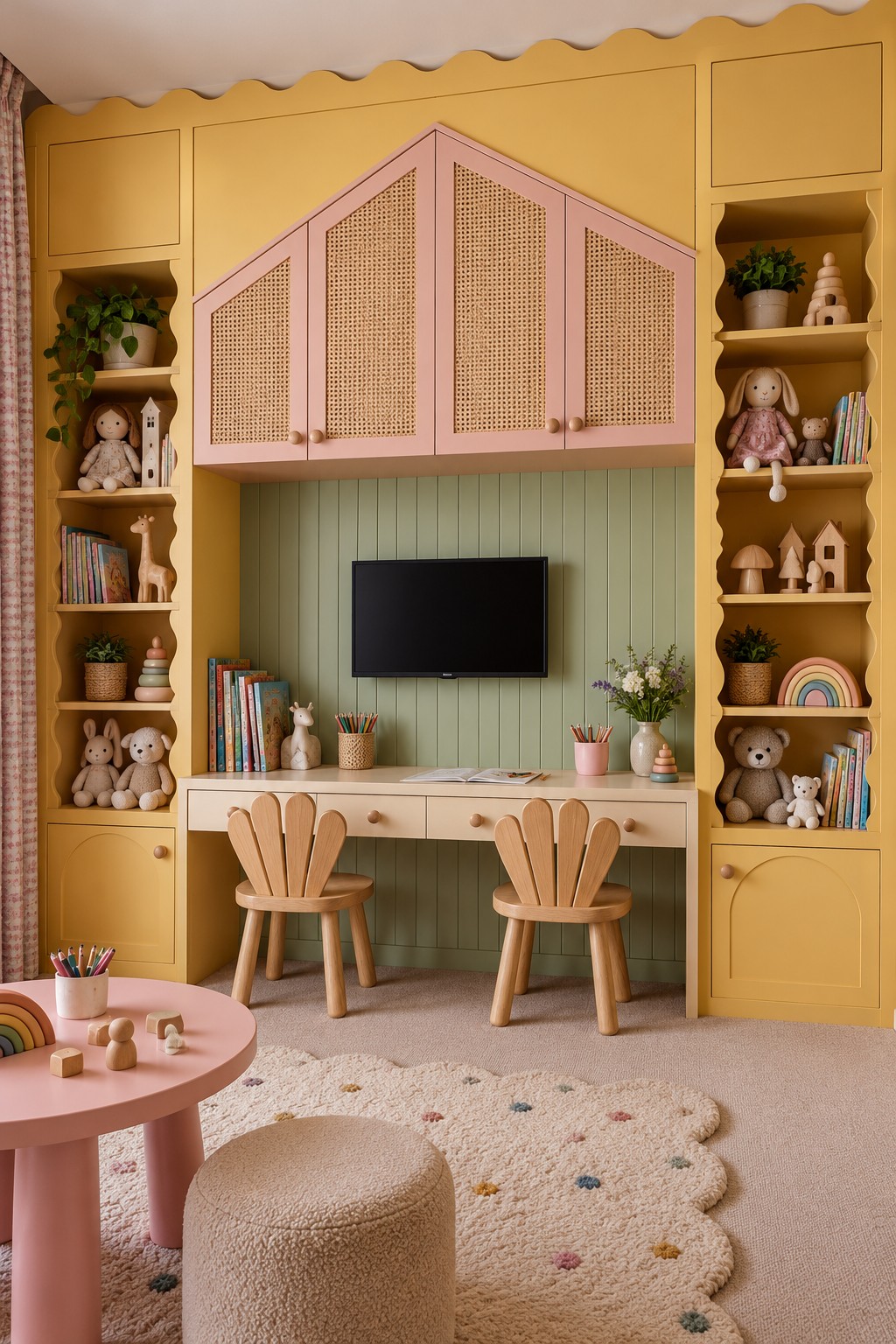 Double wooden desk with fan back chairs, central screen, pink house shaped cane front cupboard, and yellow side shelves