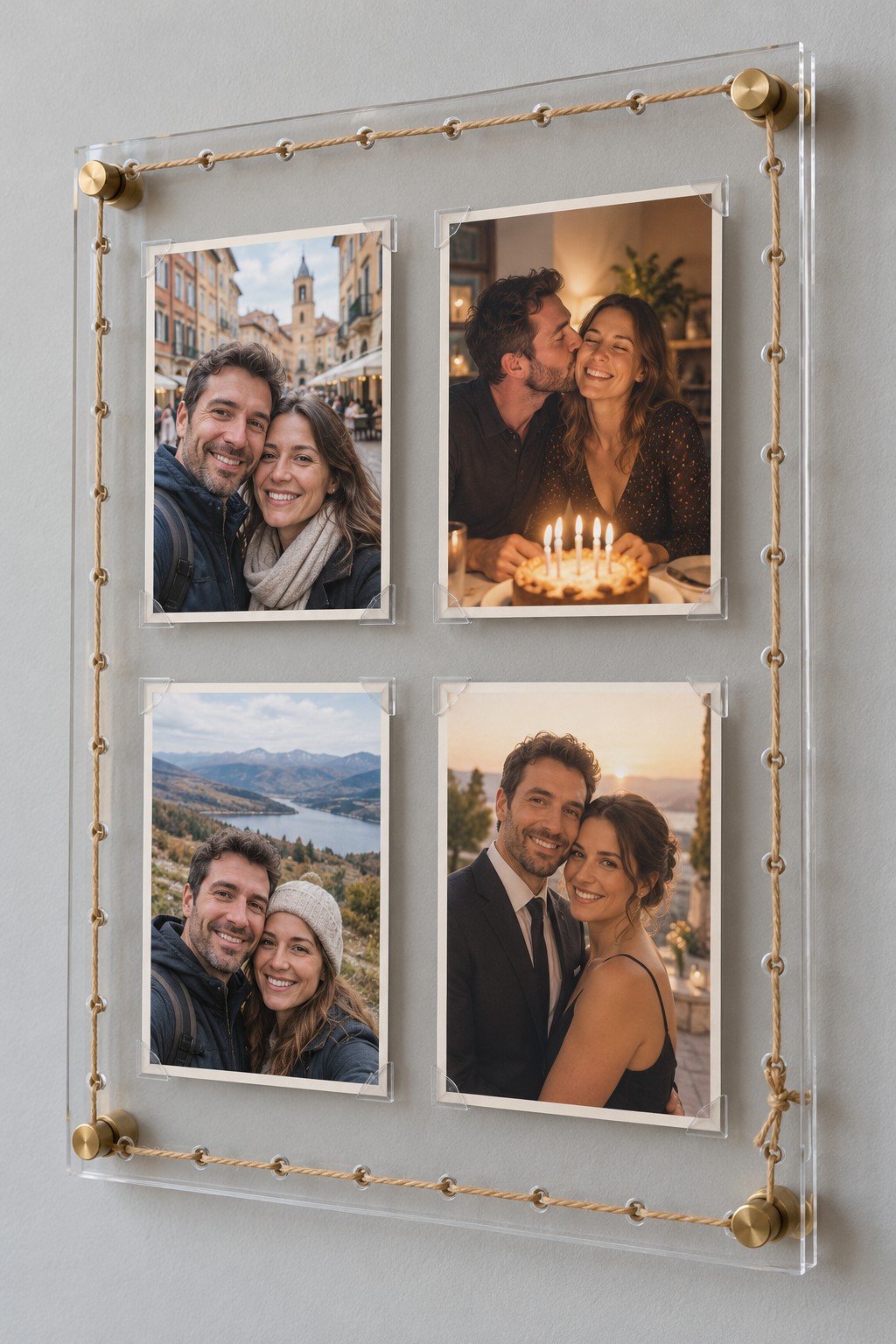 Clear acrylic panel holding four couple portraits with cord lacing and brass corner standoffs