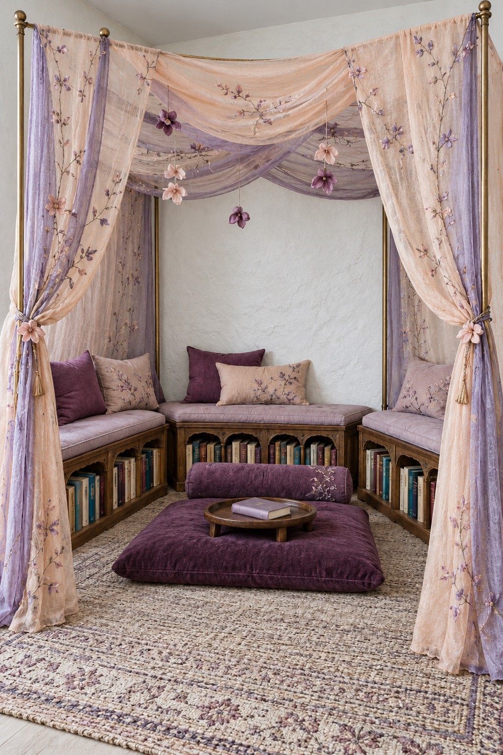 Lavender and blush fabric canopy surrounding low book benches and a plum floor cushion with a bolster