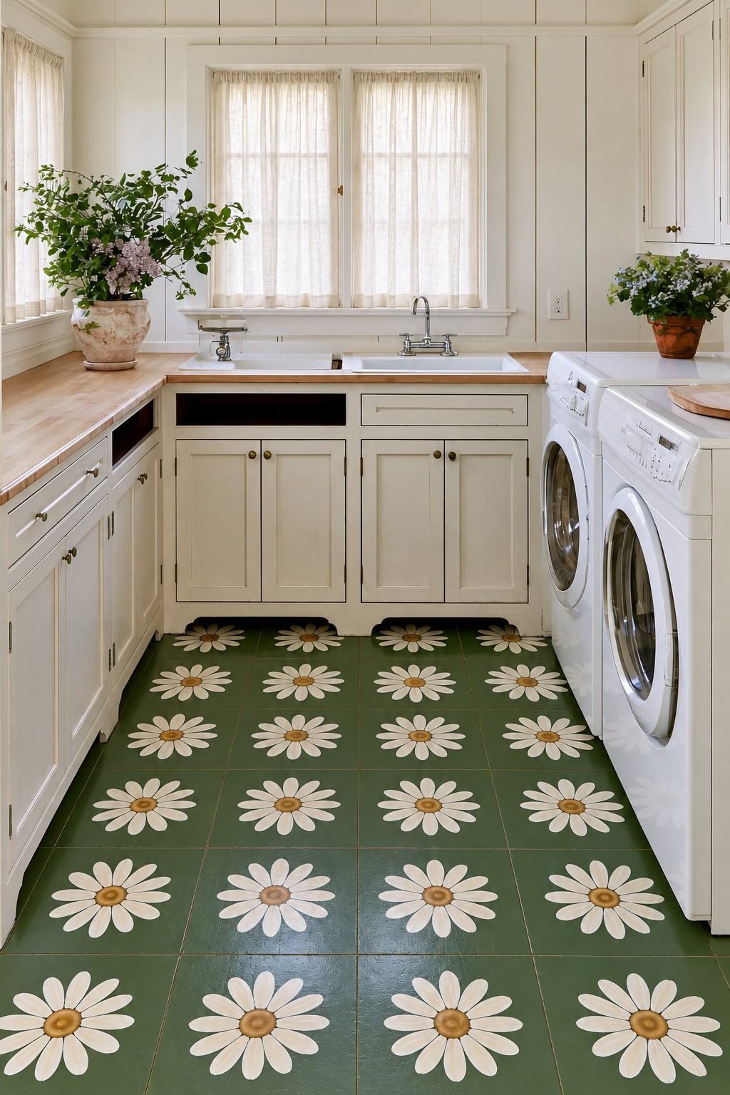 Evenly spaced white daisies with golden centers on a dark green laundry room floor