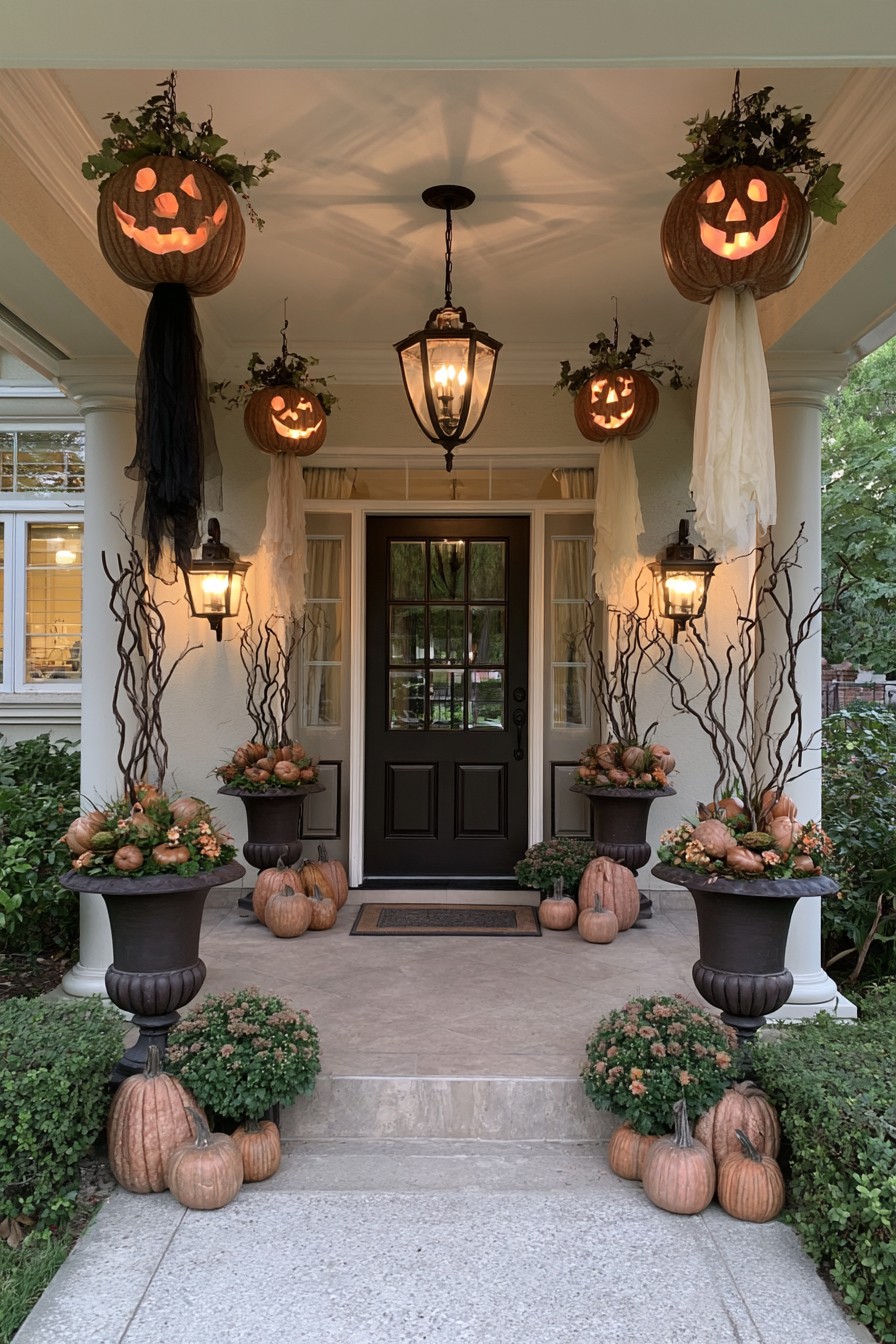 Four hanging pumpkin-headed ghosts with black and white tails above dark porch urns
