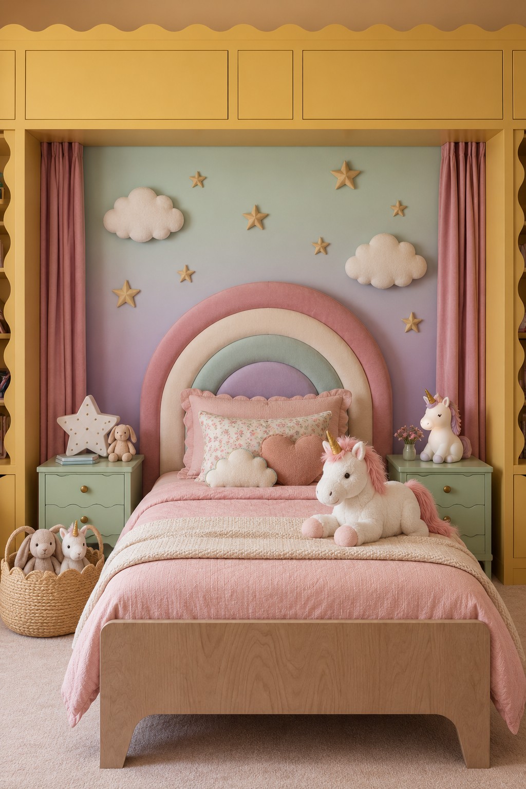 Pink bed with layered pastel rainbow headboard, cloud and star wall details, sage bedside tables, and unicorn toys