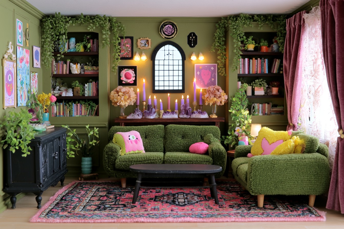 Olive room with recessed book shelves, green sofa and armchair, and a console displaying purple candles and crystal clusters