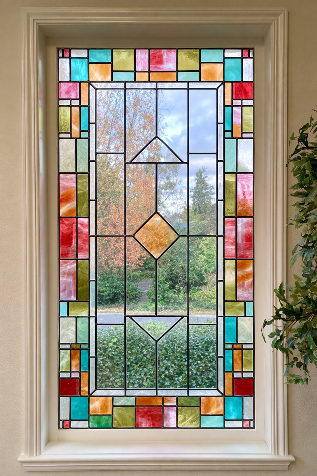 Window outlined by small pastel and bright rectangles with an amber diamond in the open center