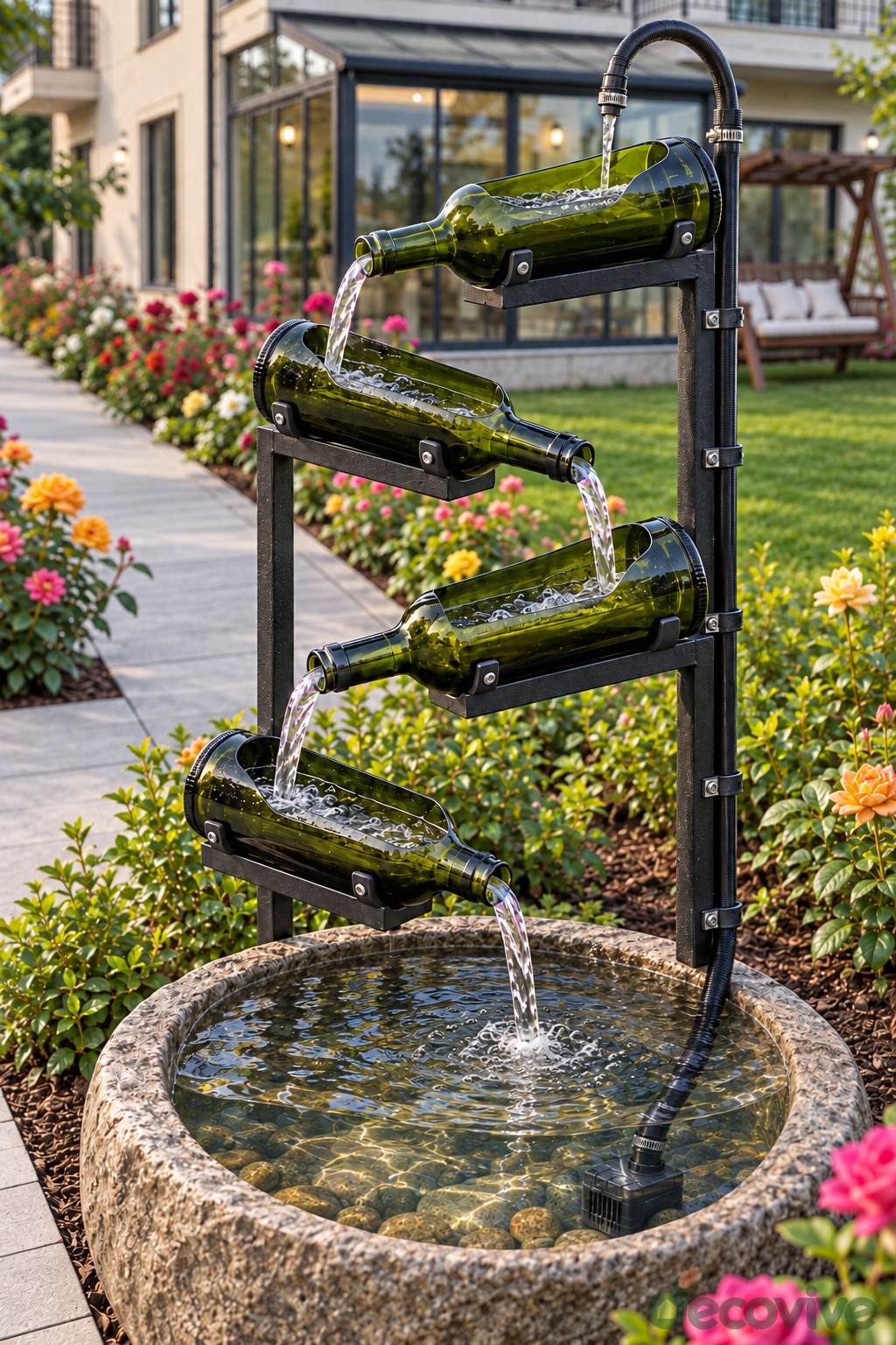 Four alternating open wine bottle troughs cascading water into a stone basin
