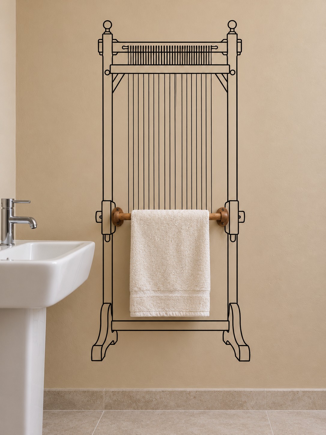 White hand towel on a wooden rail integrated into a black loom drawing on a beige bathroom wall