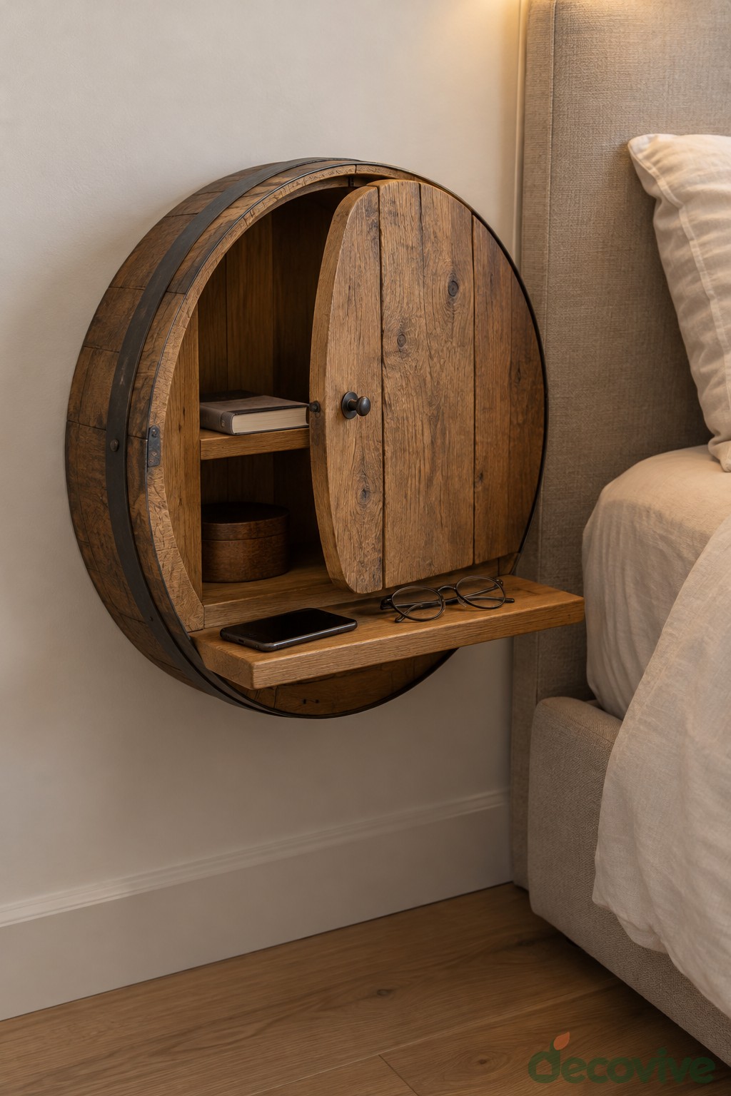 A Circular Wall Cabinet Beside the Bed