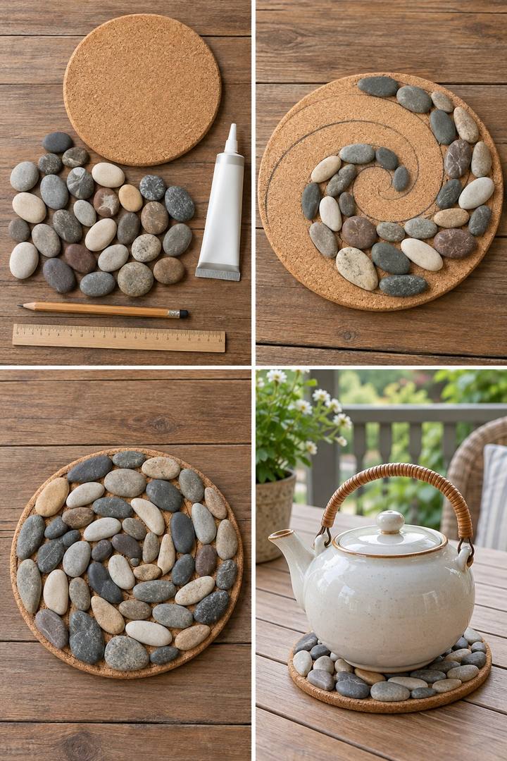 Pebbles arranged in a spiral on a cork disc with a ceramic teapot on the finished stand