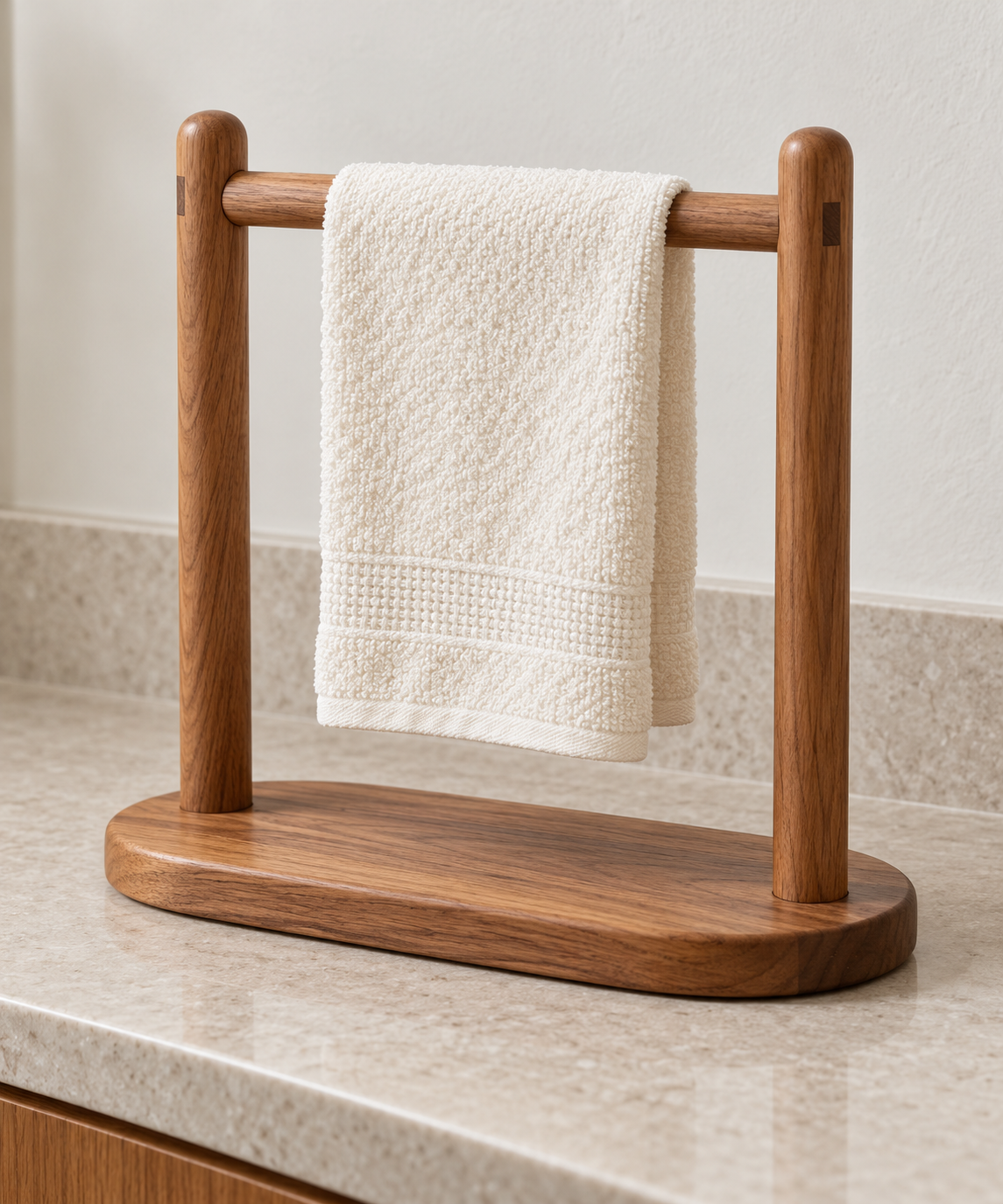 Wooden hand towel stand with two rounded uprights, a horizontal rail and an oval base