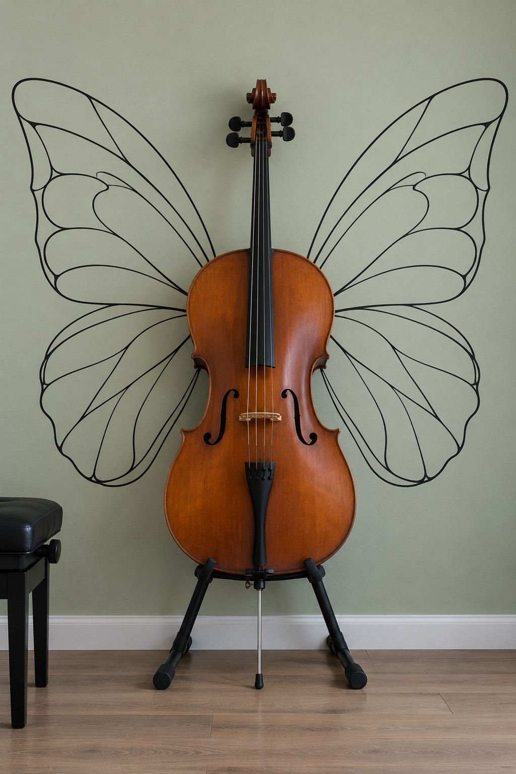 Wooden cello on a floor stand centered between large butterfly wings drawn on a sage wall