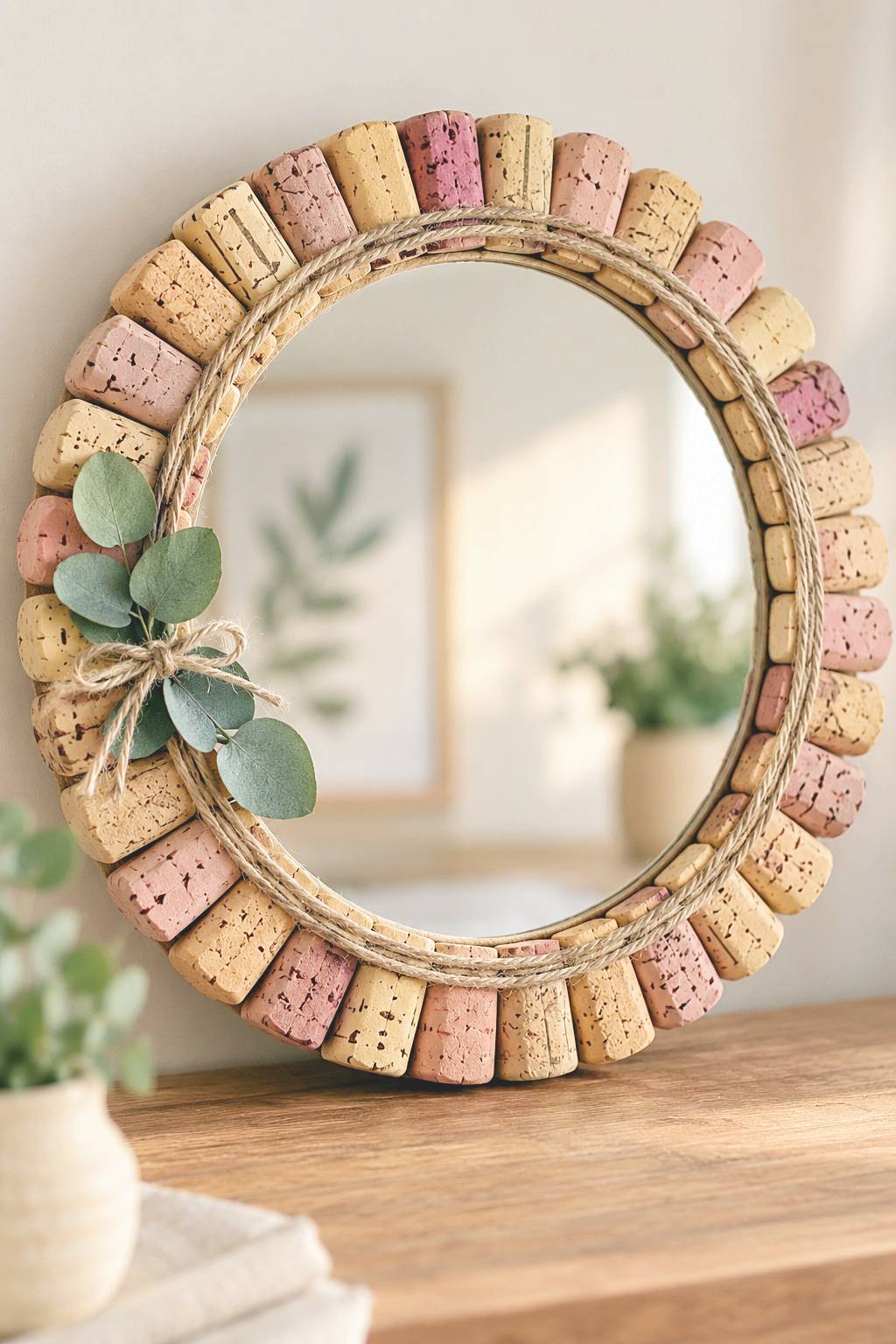 Round mirror with a radiating cork border and cord trim