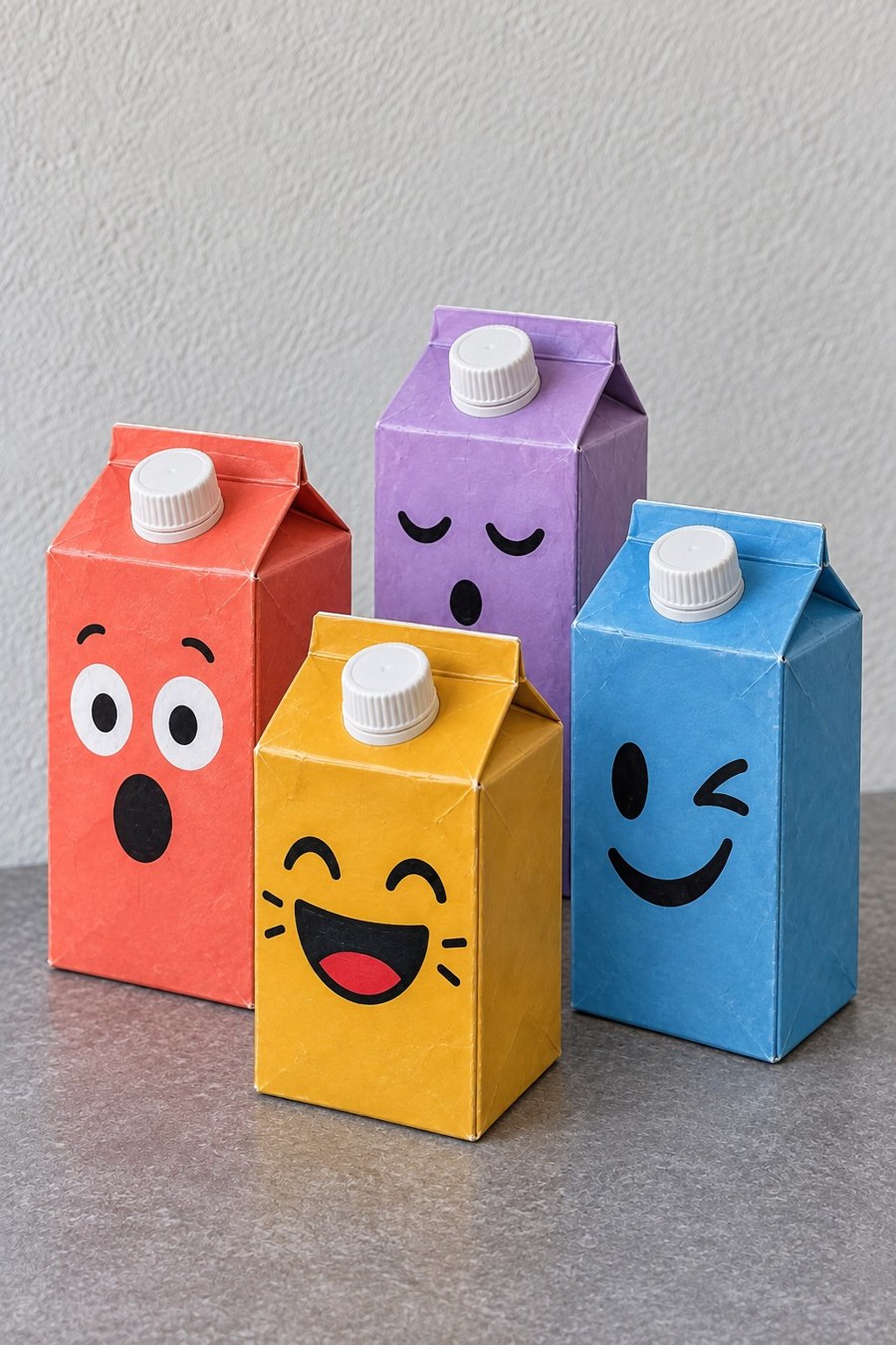 Four upright colored milk cartons painted with distinct emoji expressions