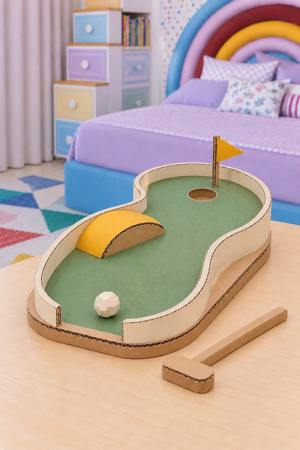 Curving cardboard mini golf green with a yellow raised obstacle, recessed cup, flag and small putter