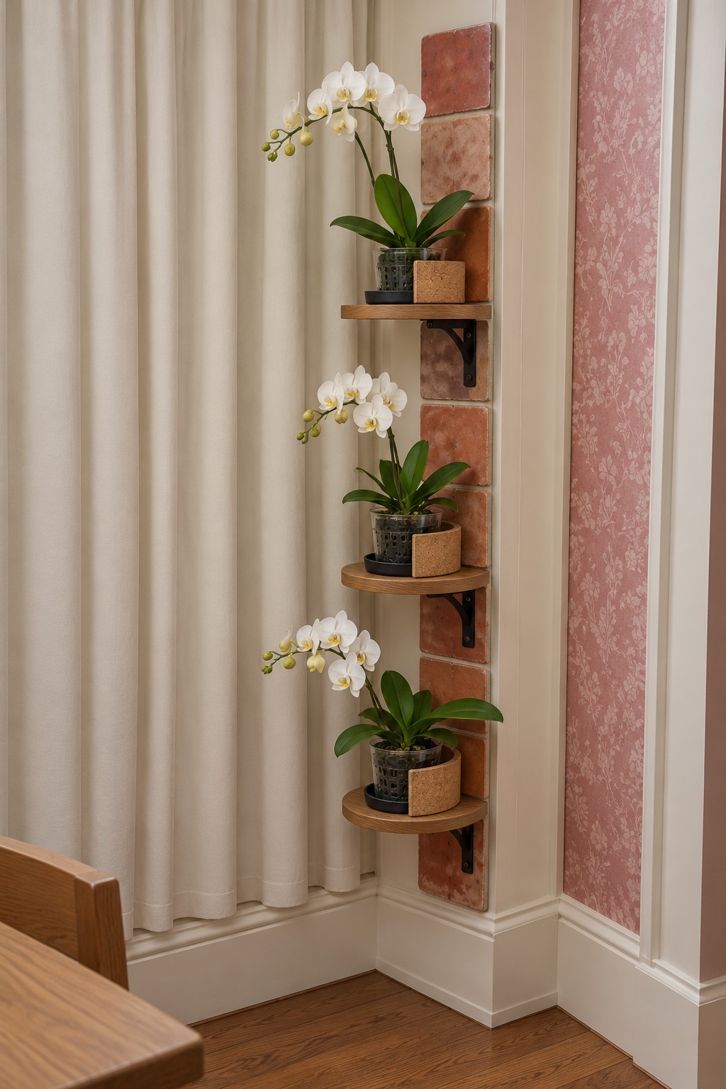 Terracotta colored vertical panel with three round timber shelves and white orchids
