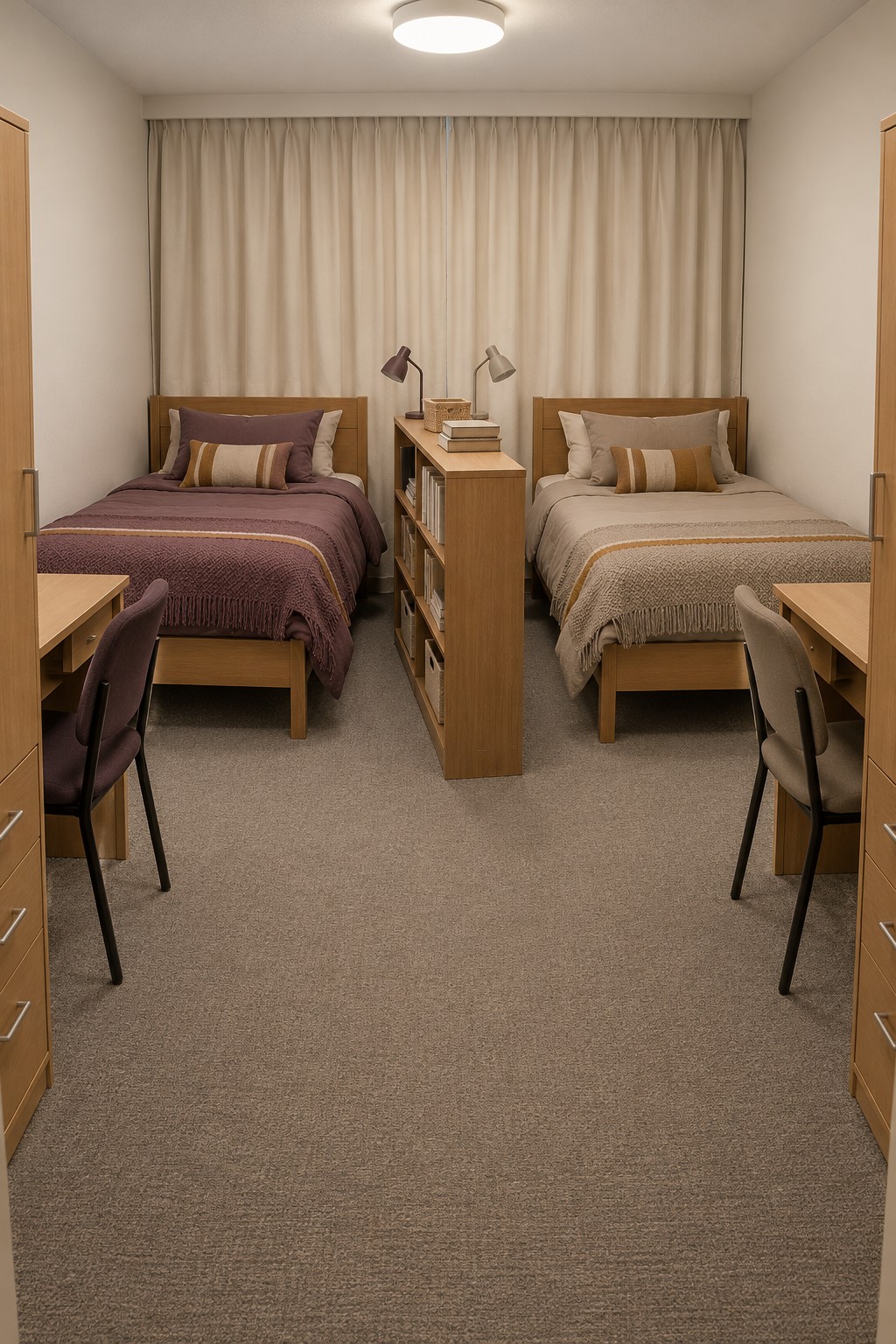 Two beds in plum and cream separated by a low wooden bookcase with desks along the side walls