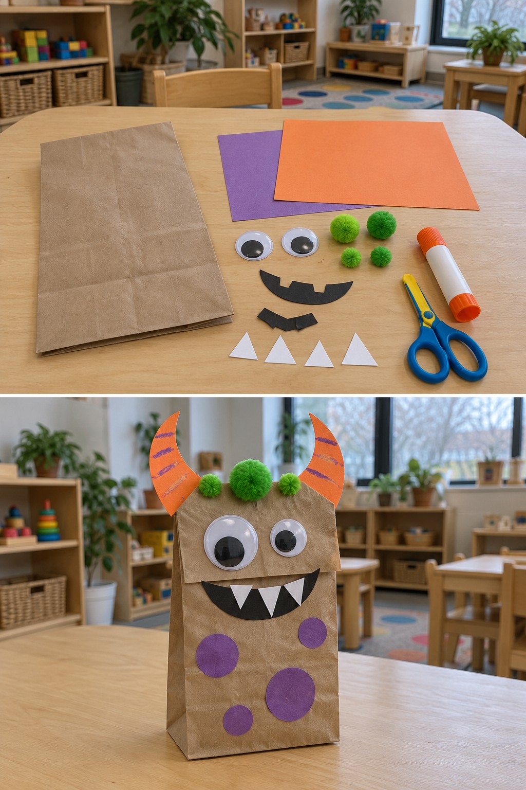 Paper bag and face decorations above a horned monster puppet with purple spots