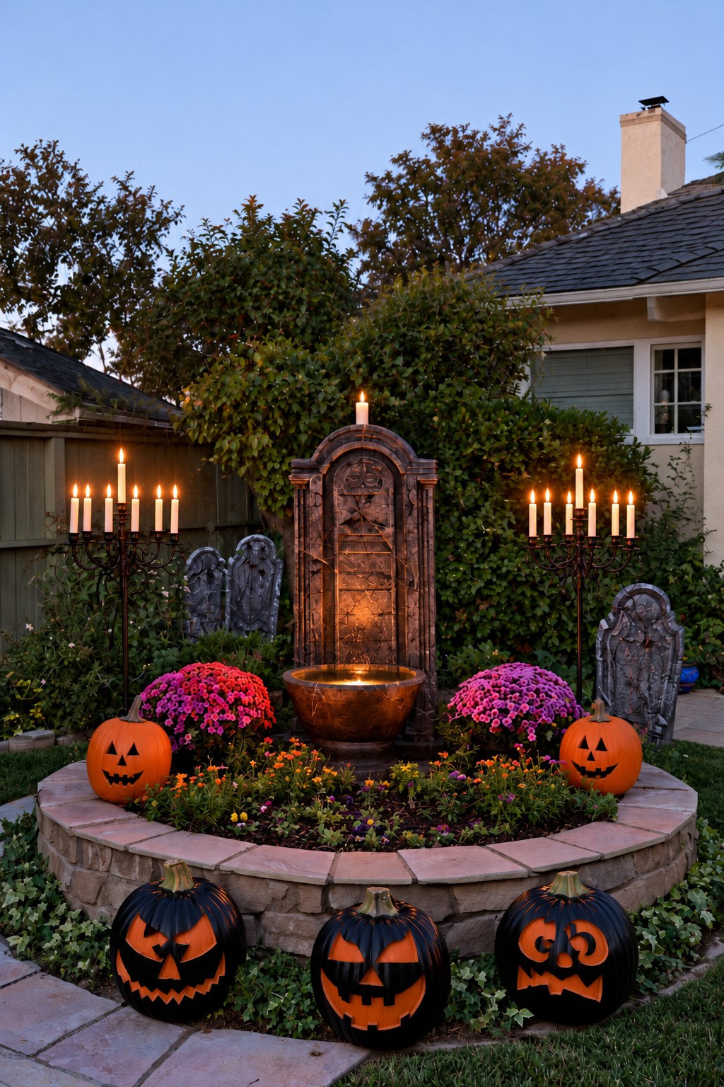 Circular raised flower bed with an arched Gothic feature, shallow basin, pumpkins, and candleholders