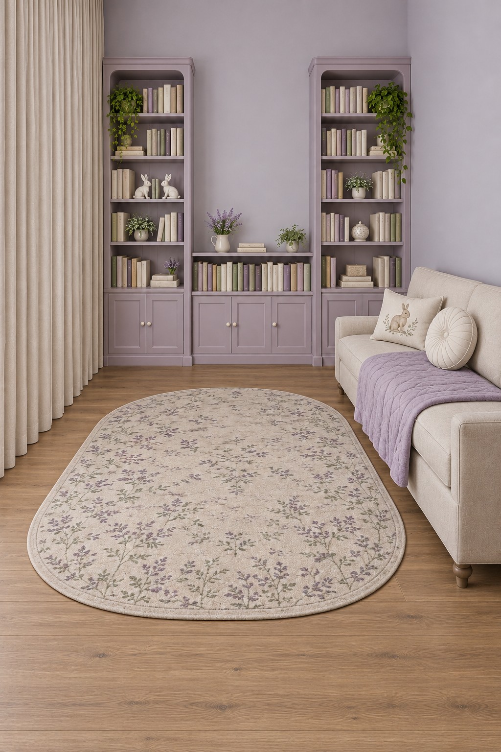 Two lavender book towers joined by low storage beside an ivory sofa, lilac throw and oval floral rug